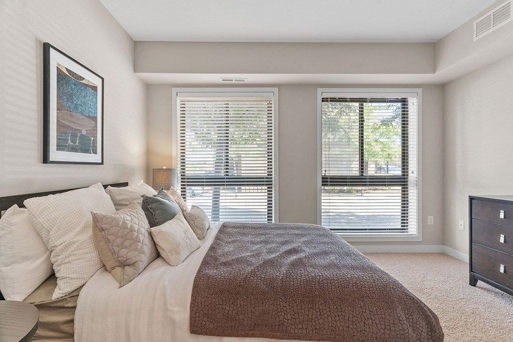 a bedroom with two windows and a large bed