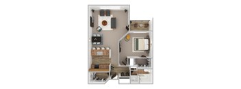 A 3D floor plan of a small apartment with a kitchen, living room, and bathroom.