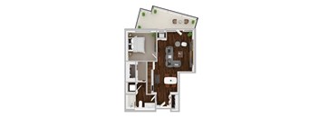 A 3D floor plan of a house with a living room, kitchen, and bathroom.