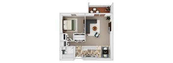 A top-down view of a small apartment with a bedroom, living room, and kitchen.