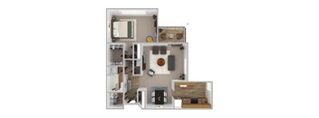 A 3D floor plan of a small apartment with a kitchen, living room, and bathroom.