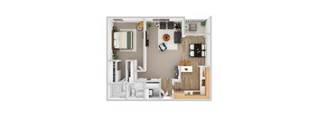 A top-down view of a small apartment with a bedroom, living room, and kitchen.