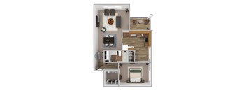 A top-down view of a small apartment layout with a kitchen, living room, and bedroom.