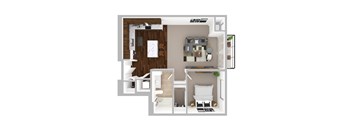 A top-down view of a small apartment with a kitchen, living room, and bathroom.
