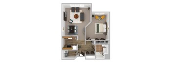 A top-down view of a small apartment with a kitchen, living room, and bedroom.