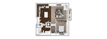 A 3D floor plan of a small apartment with a kitchen, living room, and bathroom.