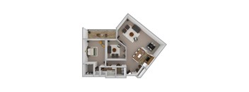 A 3D floor plan of a house with a kitchen, living room, and two bedrooms.