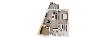 A top-down view of a small apartment with a kitchen, living room, and bathroom.