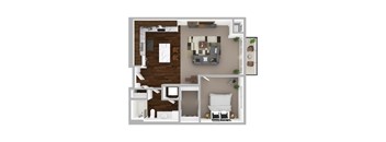 A 3D floor plan of a house with a living room, kitchen, and two bedrooms.