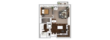 A top-down view of a small apartment with a bedroom, living room, and bathroom.