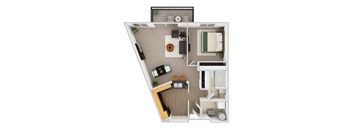 A top-down view of a small apartment with a kitchen, living room, and bathroom.
