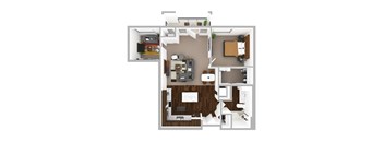 A top-down view of a house layout with a kitchen, living room, and bedrooms.