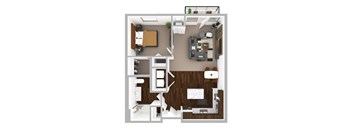 A top-down view of a modern apartment layout with a kitchen, living room, and bedroom.