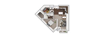 A top down view of a house interior with a kitchen, living room, and bathroom.