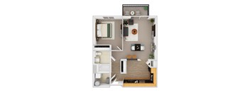 A top-down view of a small apartment with a bedroom, living room, and kitchen.