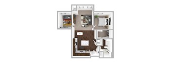A top-down view of a modern apartment layout with a kitchen, living room, and bedroom.