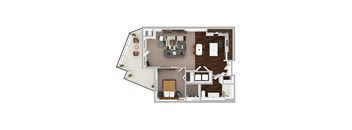 A top-down view of a house layout with a living room, kitchen, and bathroom.
