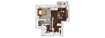 A top down view of a room with a bed, couch, and a coffee table.