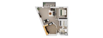 A top-down view of a small apartment layout with a kitchen, living room, and bedroom.