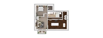 A top-down view of a small apartment with a bedroom, living room, kitchen, and bathroom.