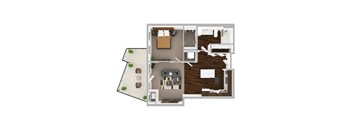 A top-down view of a house layout with a living room, kitchen, and dining area.