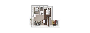 A top down view of a small apartment with a kitchen, living room, and bathroom.