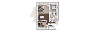 A top-down view of a small apartment with a living room, kitchen, and bathroom.