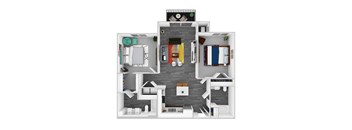 A top-down view of a modern apartment layout with a kitchen, living room, and bedrooms.