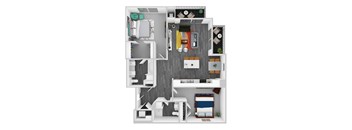 A top-down view of a small apartment with a kitchen, living room, and bedroom.