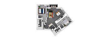 A top-down view of a house layout with a living room, kitchen, dining area, and bedrooms.