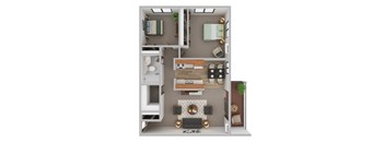 A 3D floor plan of a small apartment with a kitchen, living room, and bedrooms.