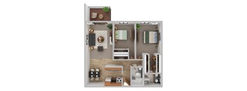 A top-down view of a small apartment with a kitchen, living room, and bedroom.