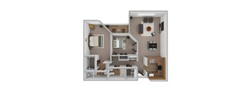 A 3D rendered image of a small apartment layout.