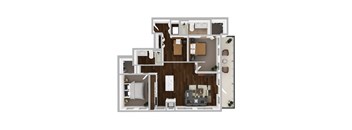 A top-down view of a house layout with a living room, kitchen, and bedrooms.