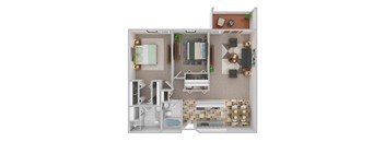 A 3D floor plan of a small apartment with a kitchen, living room, and bathroom.