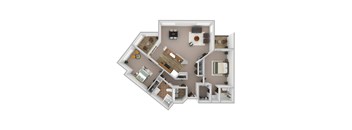 A top-down view of a house layout with various rooms and furniture.