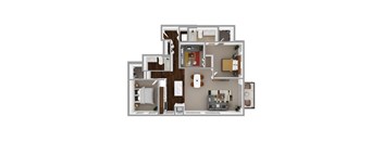A 3D floor plan of a house with a kitchen, living room, and two bedrooms.