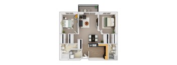A top-down view of a small apartment with a kitchen, living room, and bathroom.