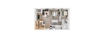 A 3D floor plan of a small apartment with a kitchen, living room, and bedroom.