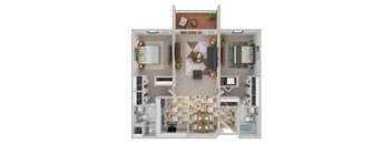 A top-down view of a small apartment with a kitchen, living room, and bathroom.