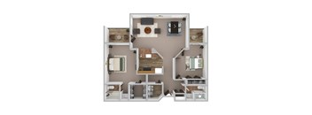 A 3D floor plan of a house with multiple rooms and furniture.