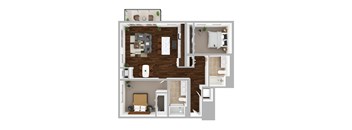 A top-down view of a small apartment with a living room, kitchen, and bathroom.
