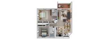 A top-down view of a small apartment with a bedroom, living room, kitchen, and bathroom.