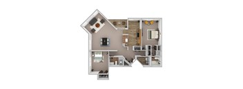 A 3D rendered image of a house layout with a living room, kitchen, and two bedrooms.