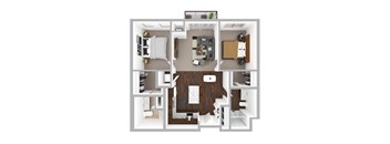 A top-down view of a house layout with a kitchen, living room, and bathroom.