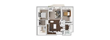 A 3D floor plan of a house showing a living room, kitchen, dining room, and bathroom.