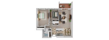 A top-down view of a small apartment with a kitchen, living room, and bathroom.