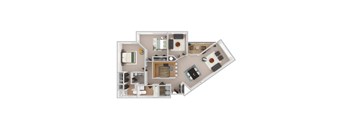 A floor plan of a house with a kitchen, living room, and two bedrooms.