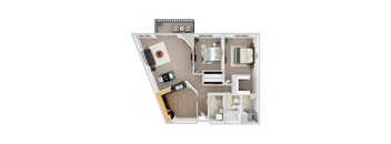 A top-down view of a small apartment with a living room, kitchen, and bathroom.