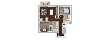 A 3D floor plan of a small apartment with a living room, kitchen, and bathroom.